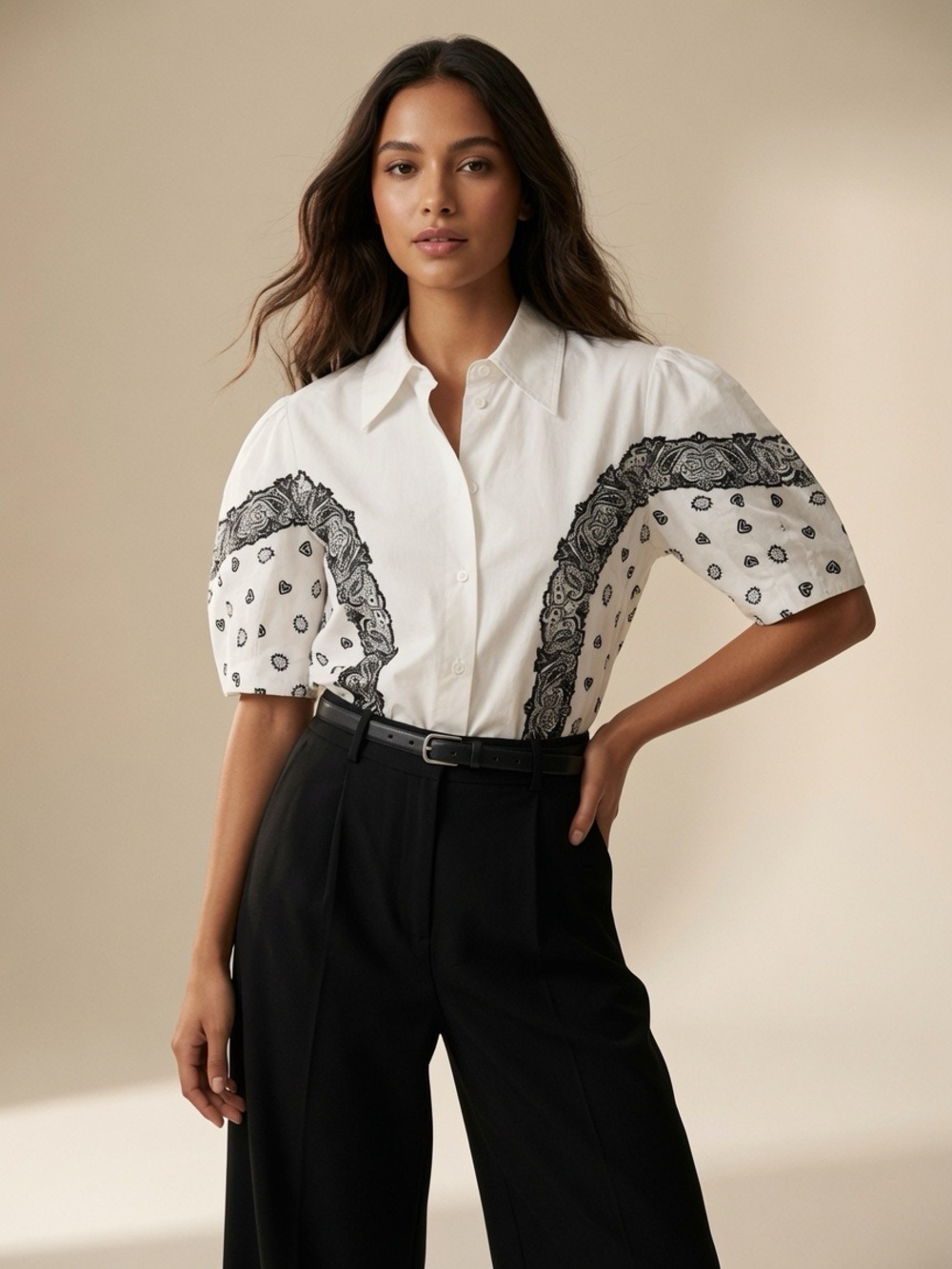 Chloe Bandana Cotton White Short-Sleeve Bandana Print Shirt 40 8 M